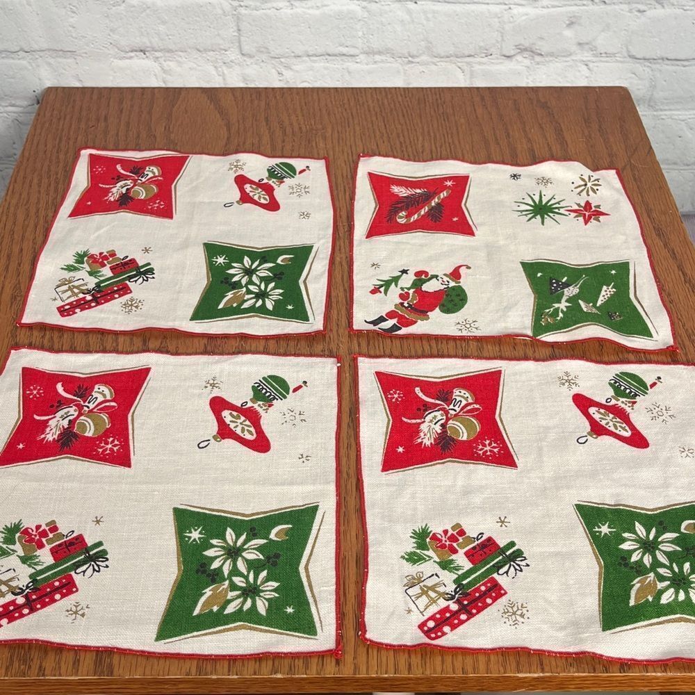 Antique Festive MCM Holiday Napkins set of 4 Red, Green, Gold in retro designs